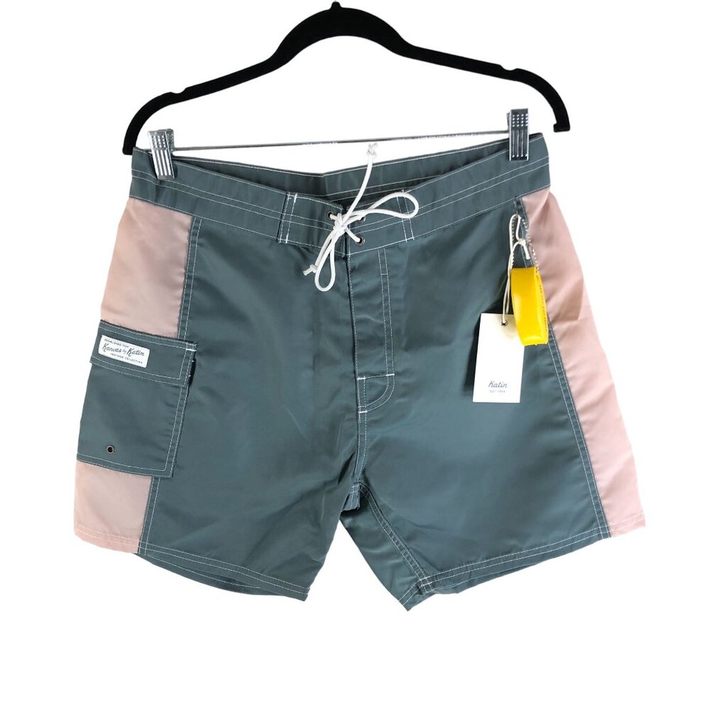 Katin Mens Waterman Trunk Surf Board Shorts Nylon Green Beige Size 32